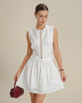 White Lace Button Tank Top with Embroidery
