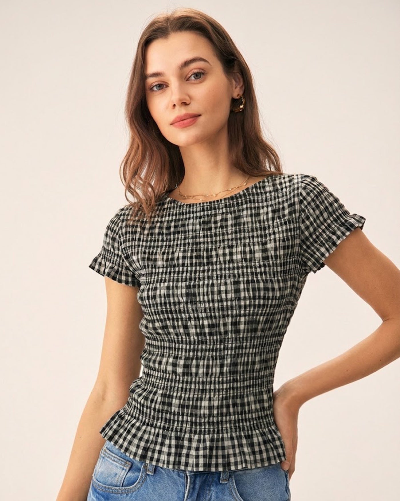 Plaid Shirred Tee with Boat Neck in Black