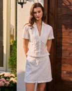 Embroidered Ruffle Tee with White Collar