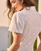 Embroidered Ruffle Tee with White Collar