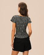 Plaid Shirred Tee with Boat Neck in Black