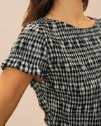 Plaid Shirred Tee with Boat Neck in Black