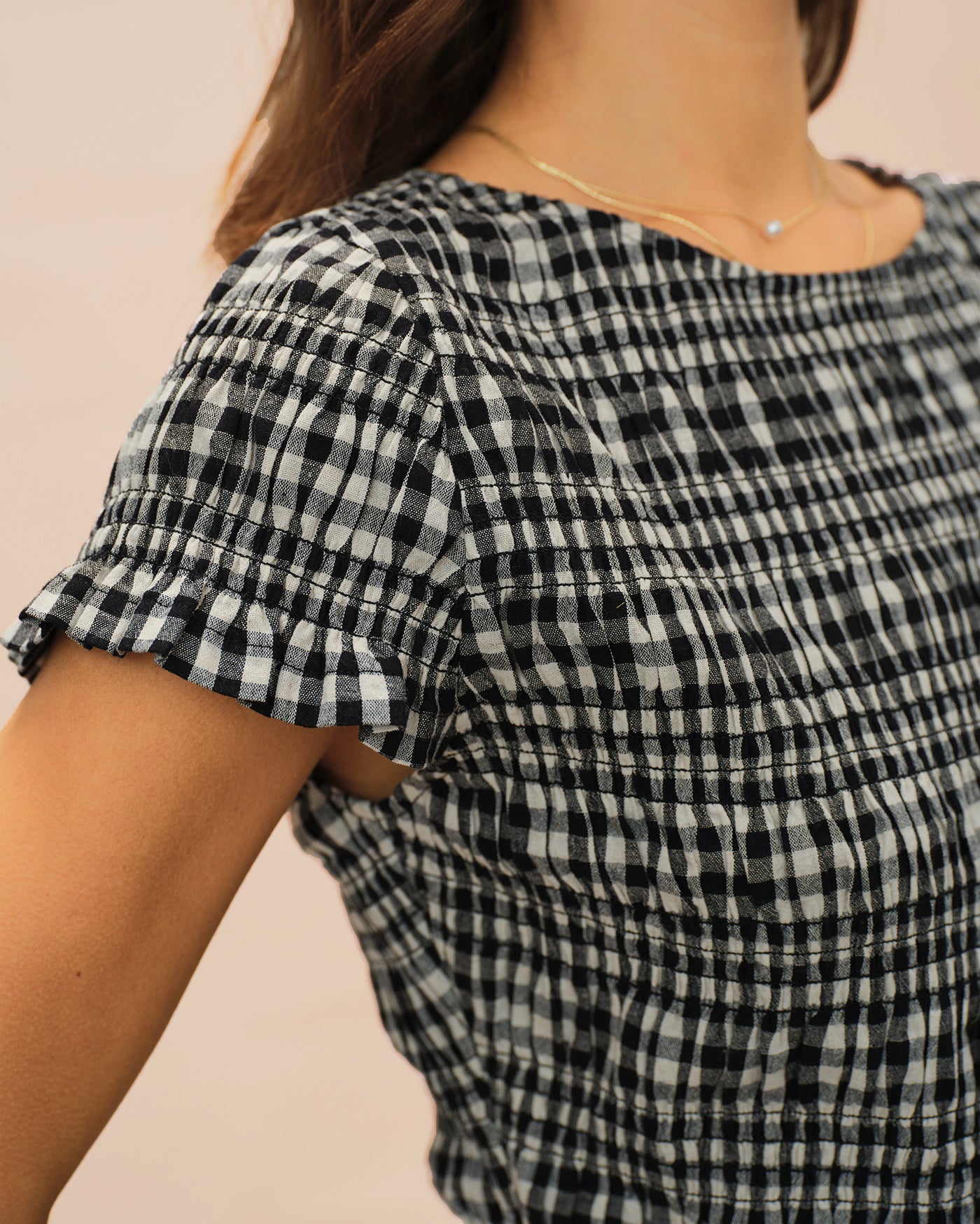 Plaid Shirred Tee with Boat Neck in Black