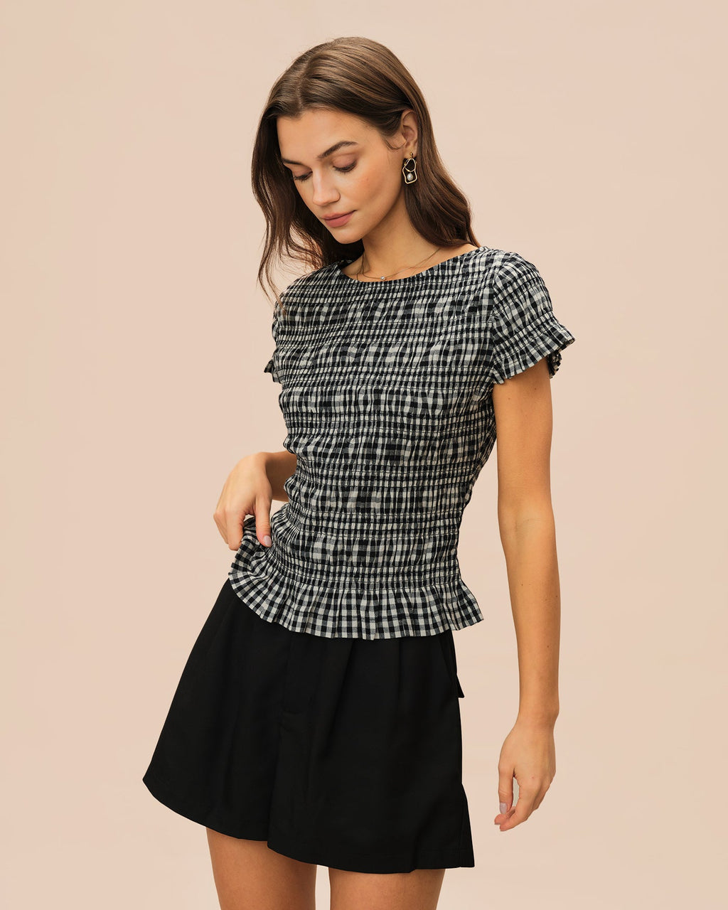 Plaid Shirred Tee with Boat Neck in Black