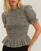 Apricot Plaid Tee with Lantern Sleeves and Shirred Detail