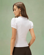 White V-Neck Tee with Puffed Sleeves