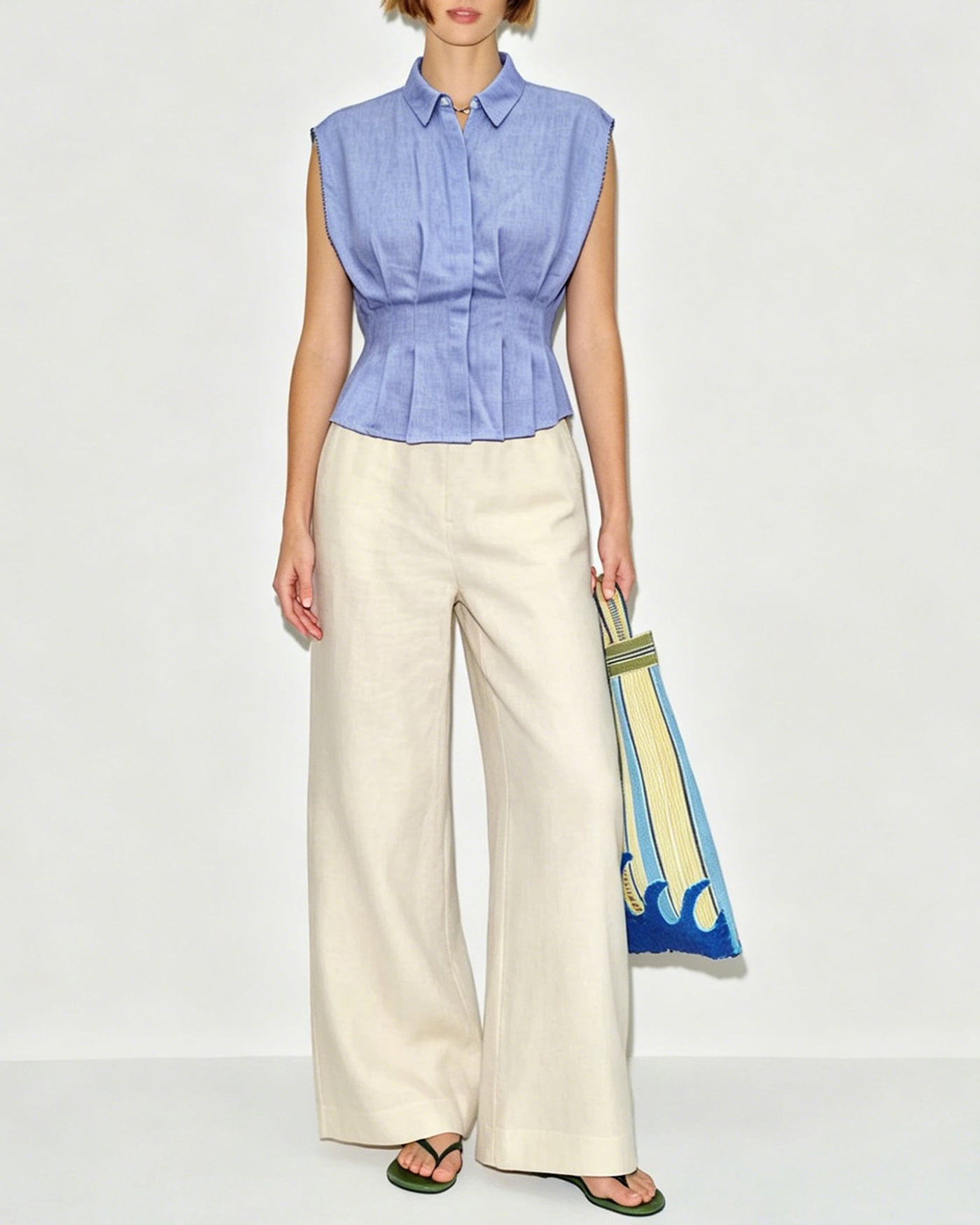 Ruched Button-Up Tank Top in Blue