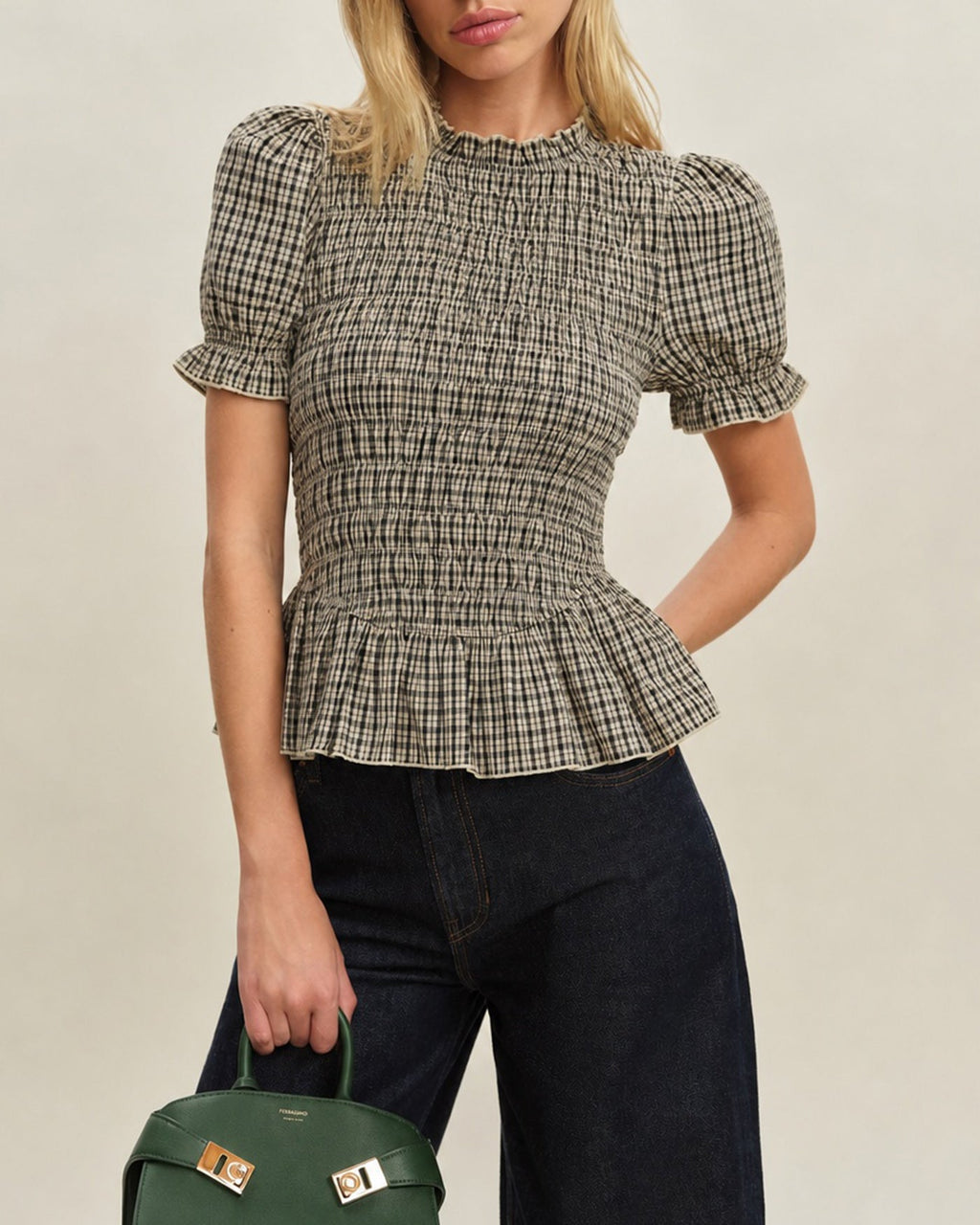 Apricot Plaid Tee with Lantern Sleeves and Shirred Detail