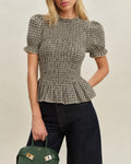 Apricot Plaid Tee with Lantern Sleeves and Shirred Detail