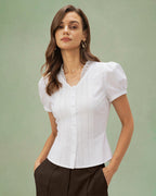 White V-Neck Tee with Puffed Sleeves