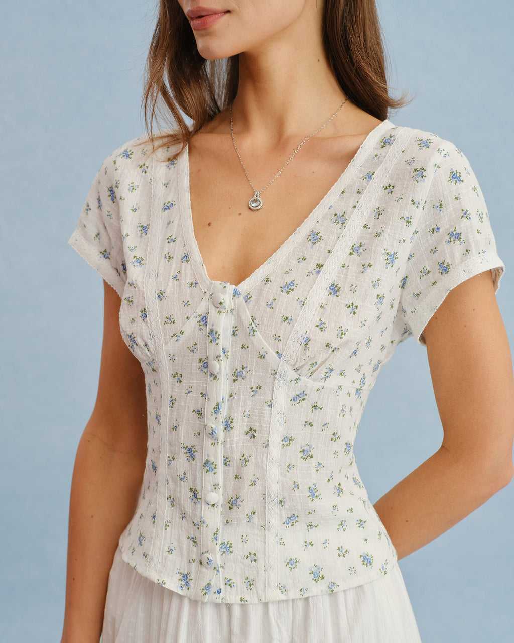 Floral Spliced White V-Neck T-Shirt