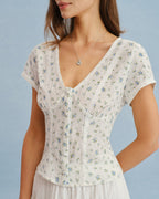 Floral Spliced White V-Neck T-Shirt
