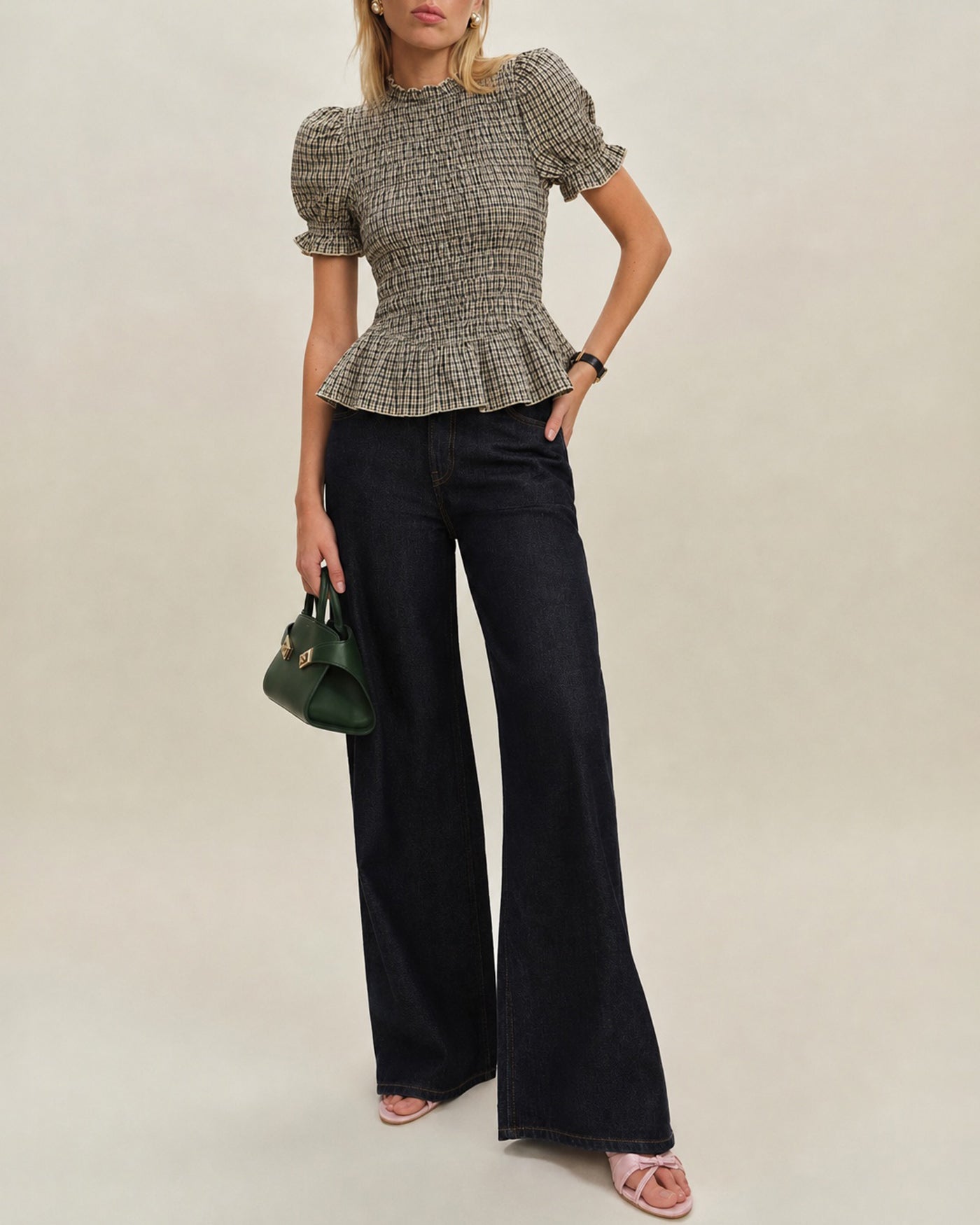 Apricot Plaid Tee with Lantern Sleeves and Shirred Detail