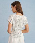 Floral Spliced White V-Neck T-Shirt