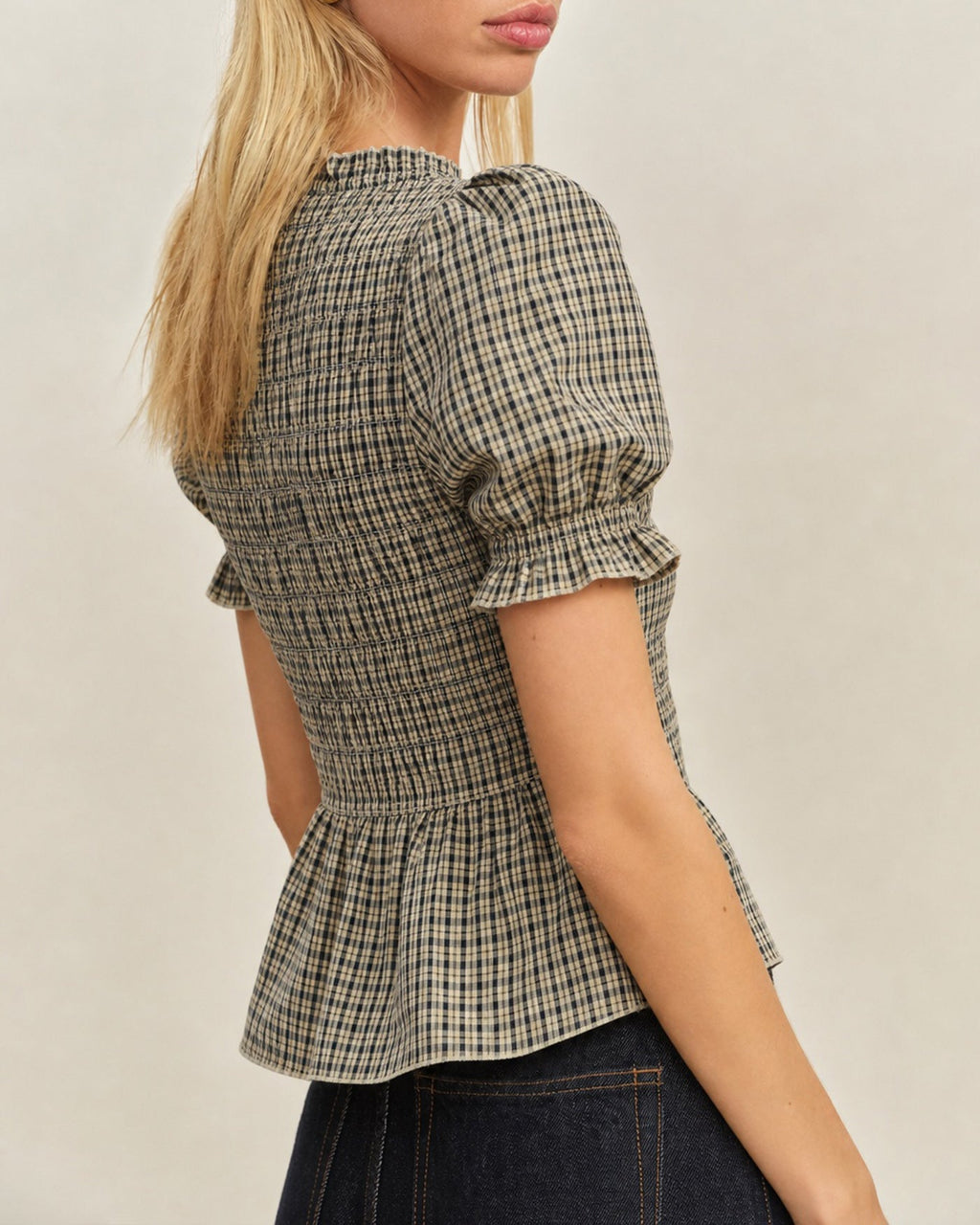 Apricot Plaid Tee with Lantern Sleeves and Shirred Detail