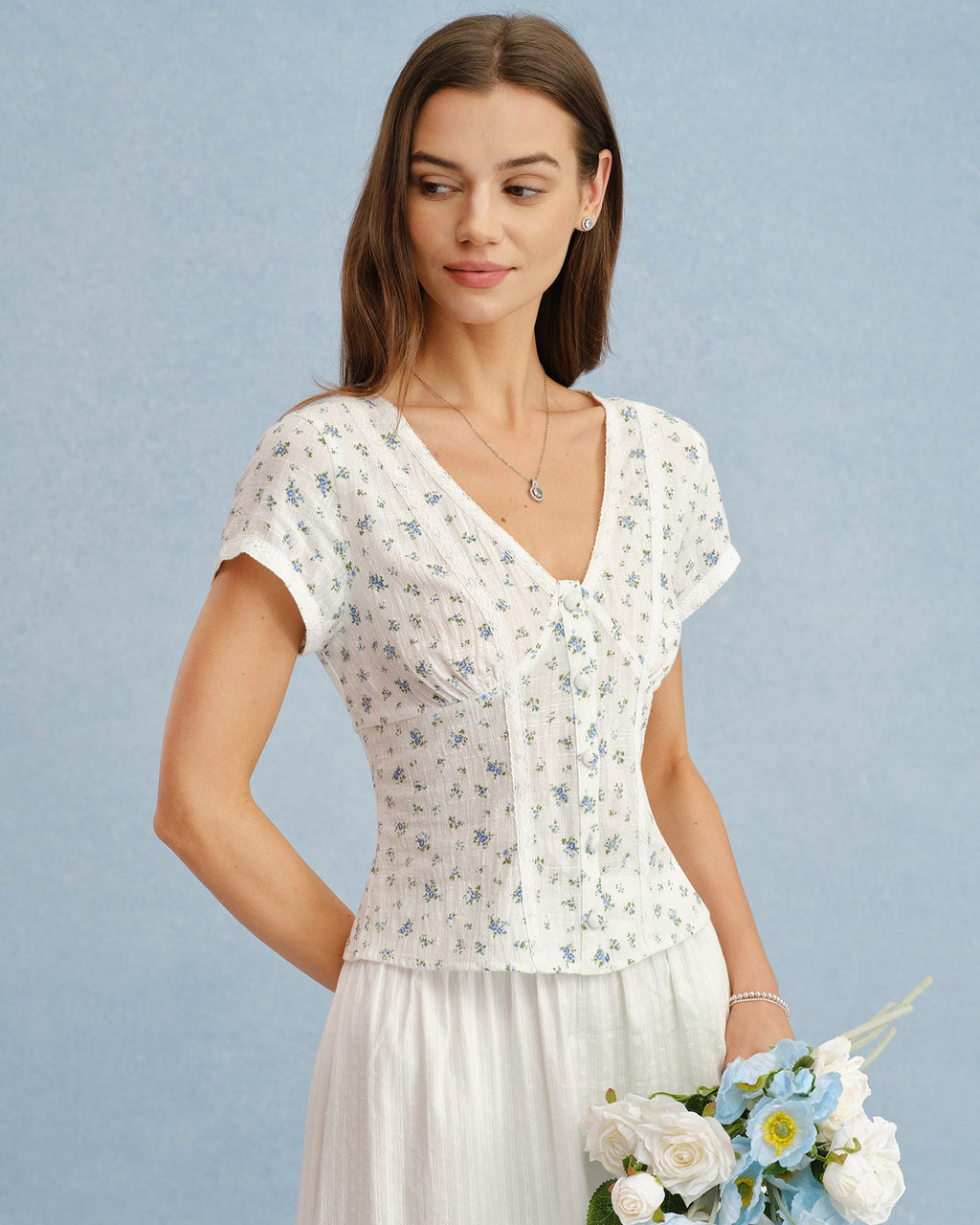 Floral Spliced White V-Neck T-Shirt