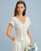 Floral Spliced White V-Neck T-Shirt
