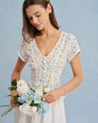 Floral Spliced White V-Neck T-Shirt
