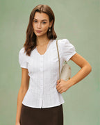 White V-Neck Tee with Puffed Sleeves