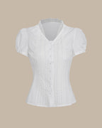 White V-Neck Tee with Puffed Sleeves