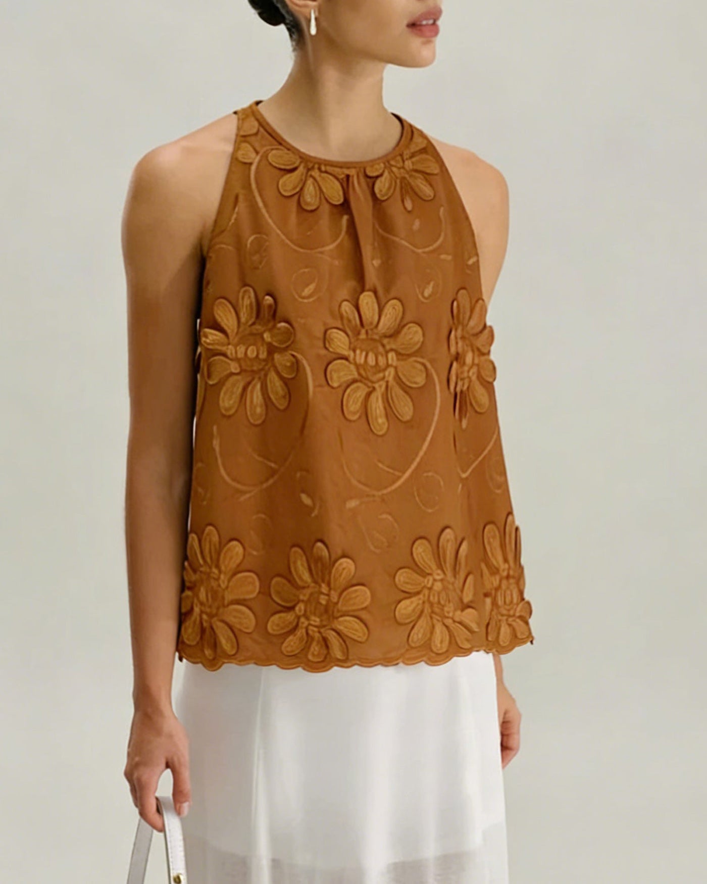 Floral Print Caramel Round Neck Tank Top