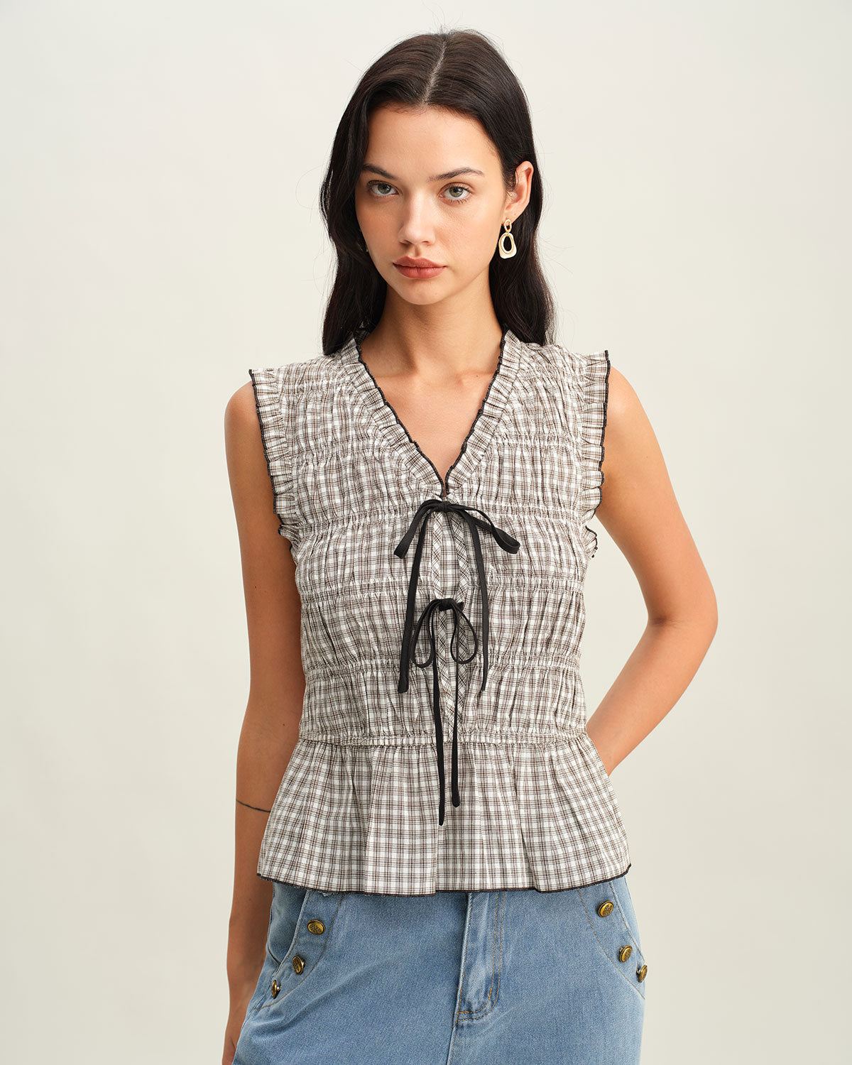 Plaid Bowknot Tank Top in Black