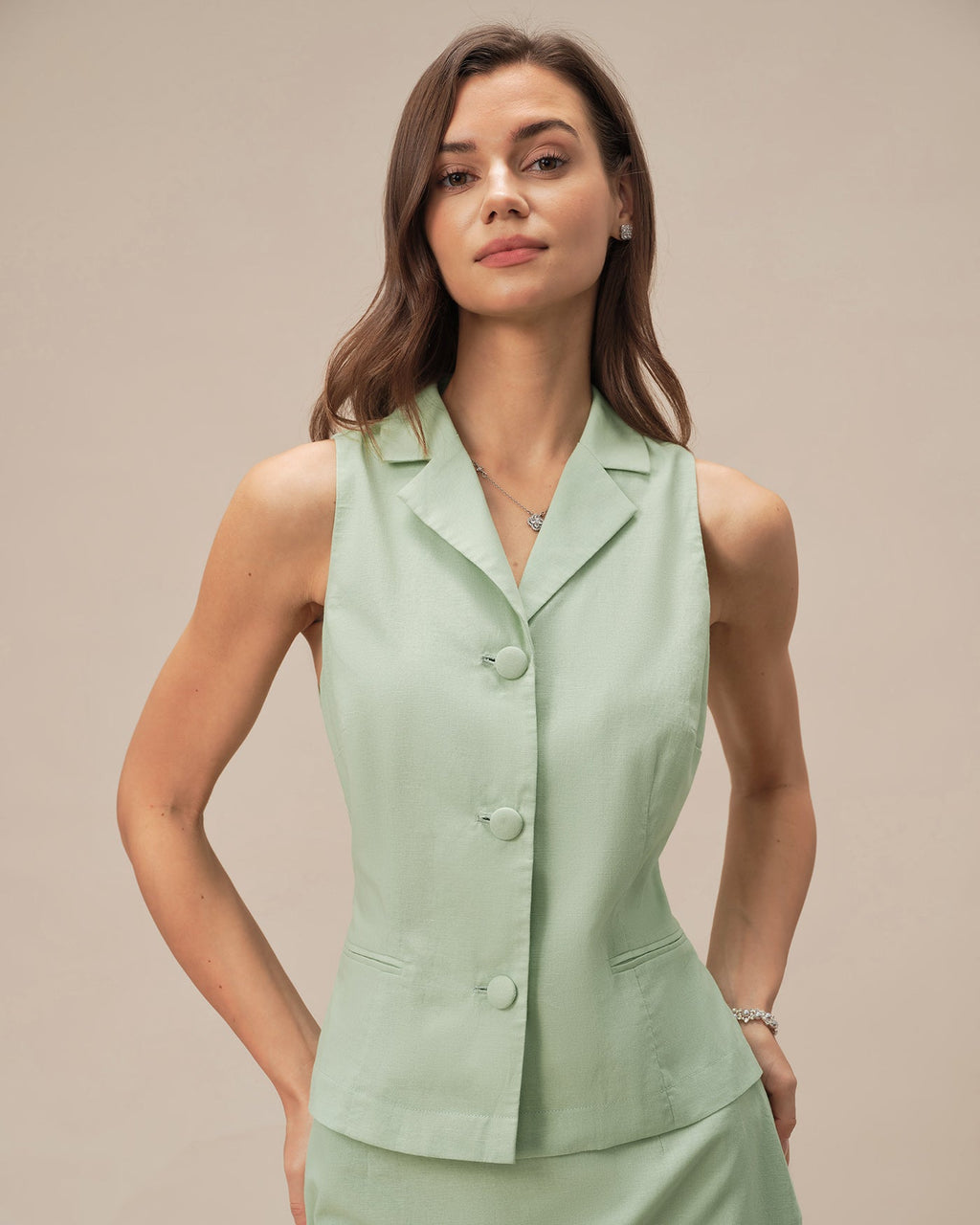 Single Breasted Green Collar Vest