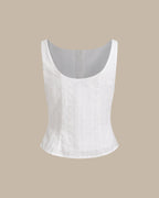 Textured White Boat Neck Button-Up Vest