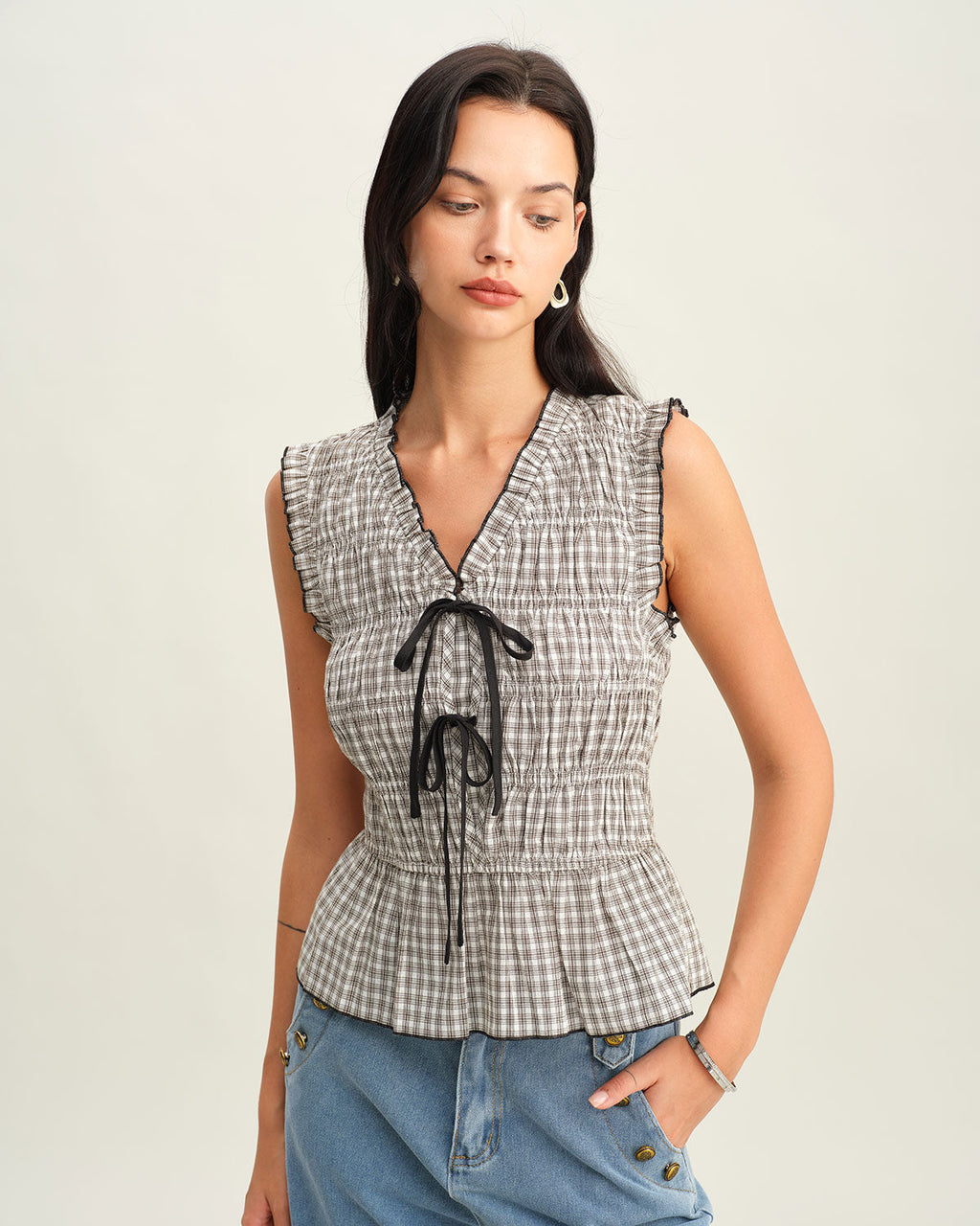 Plaid Bowknot Tank Top in Black