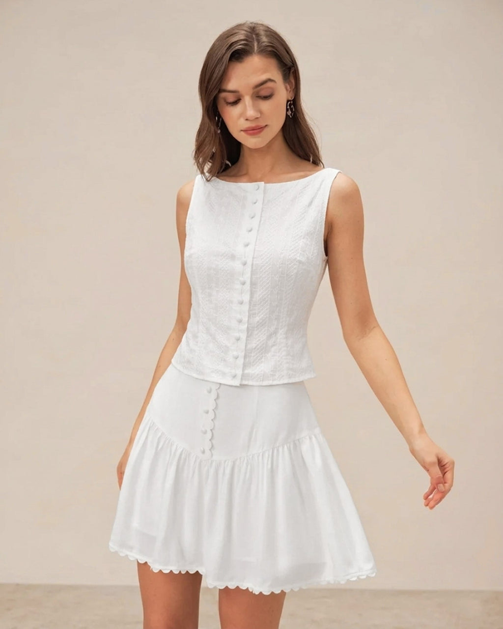 Textured White Boat Neck Button-Up Vest