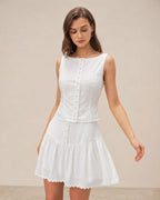 Textured White Boat Neck Button-Up Vest