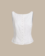 Textured White Boat Neck Button-Up Vest