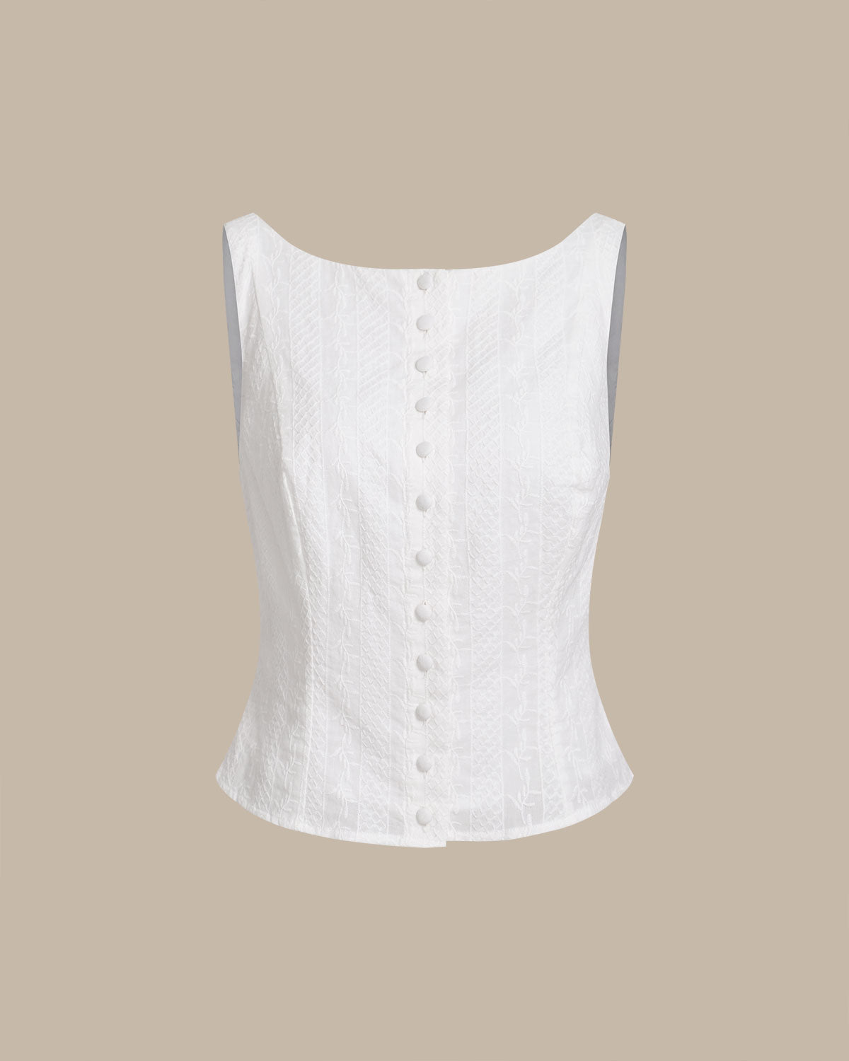 Textured White Boat Neck Button-Up Vest