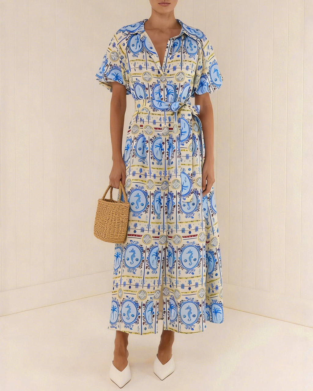 Floral Print Midi Dress with Collar