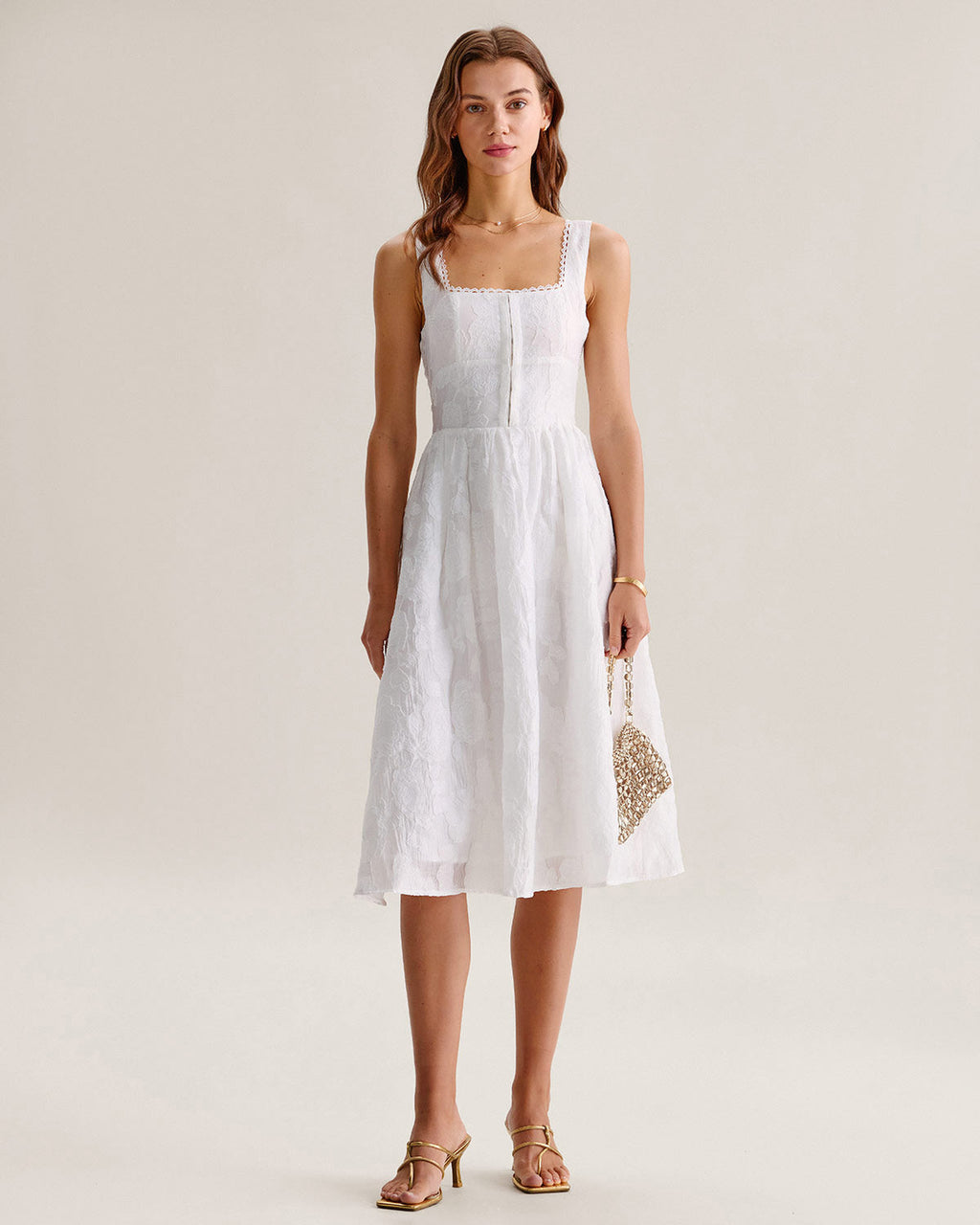 White Jacquard Shirred Midi Slip Dress