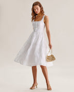 White Jacquard Shirred Midi Slip Dress