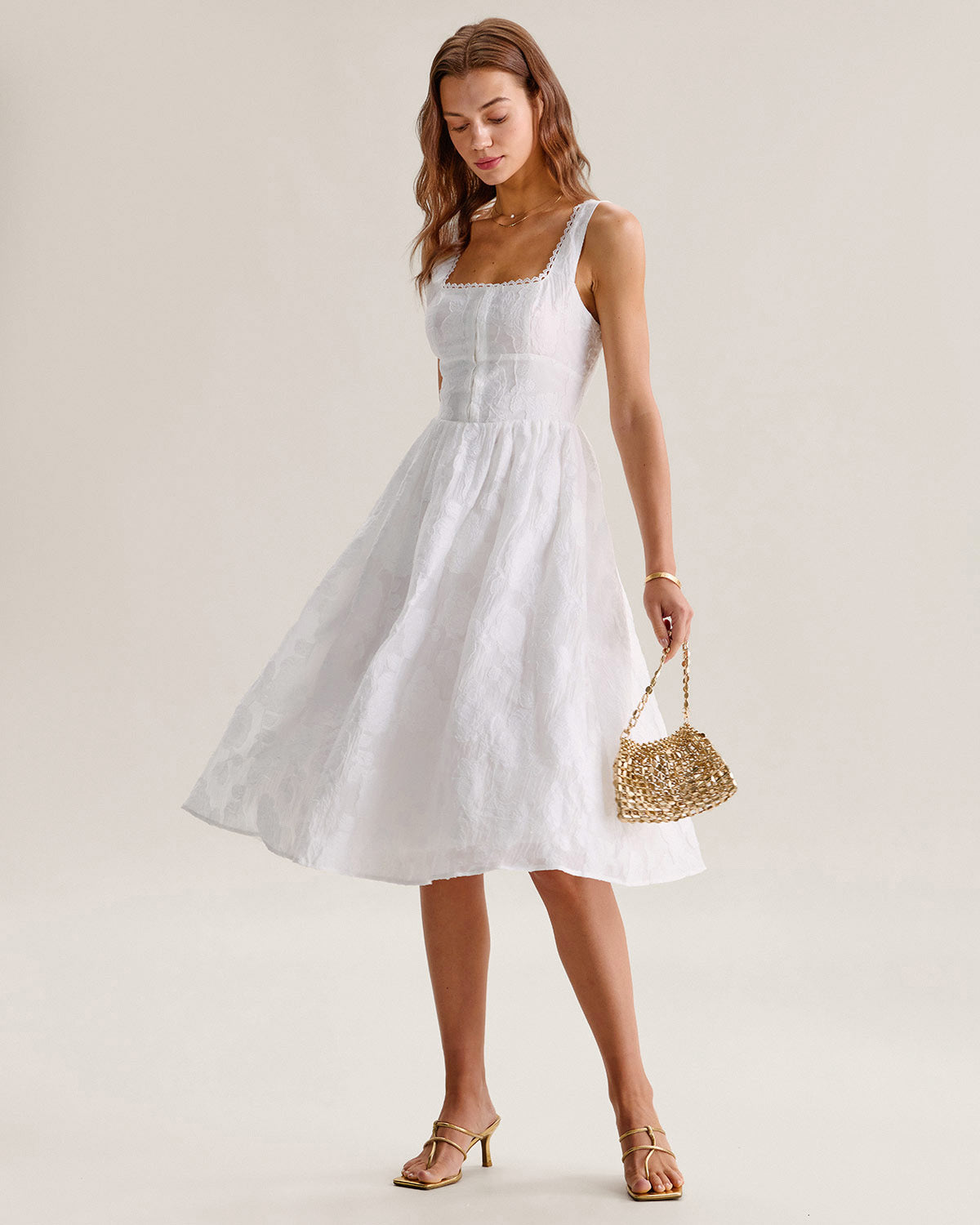 White Jacquard Shirred Midi Slip Dress
