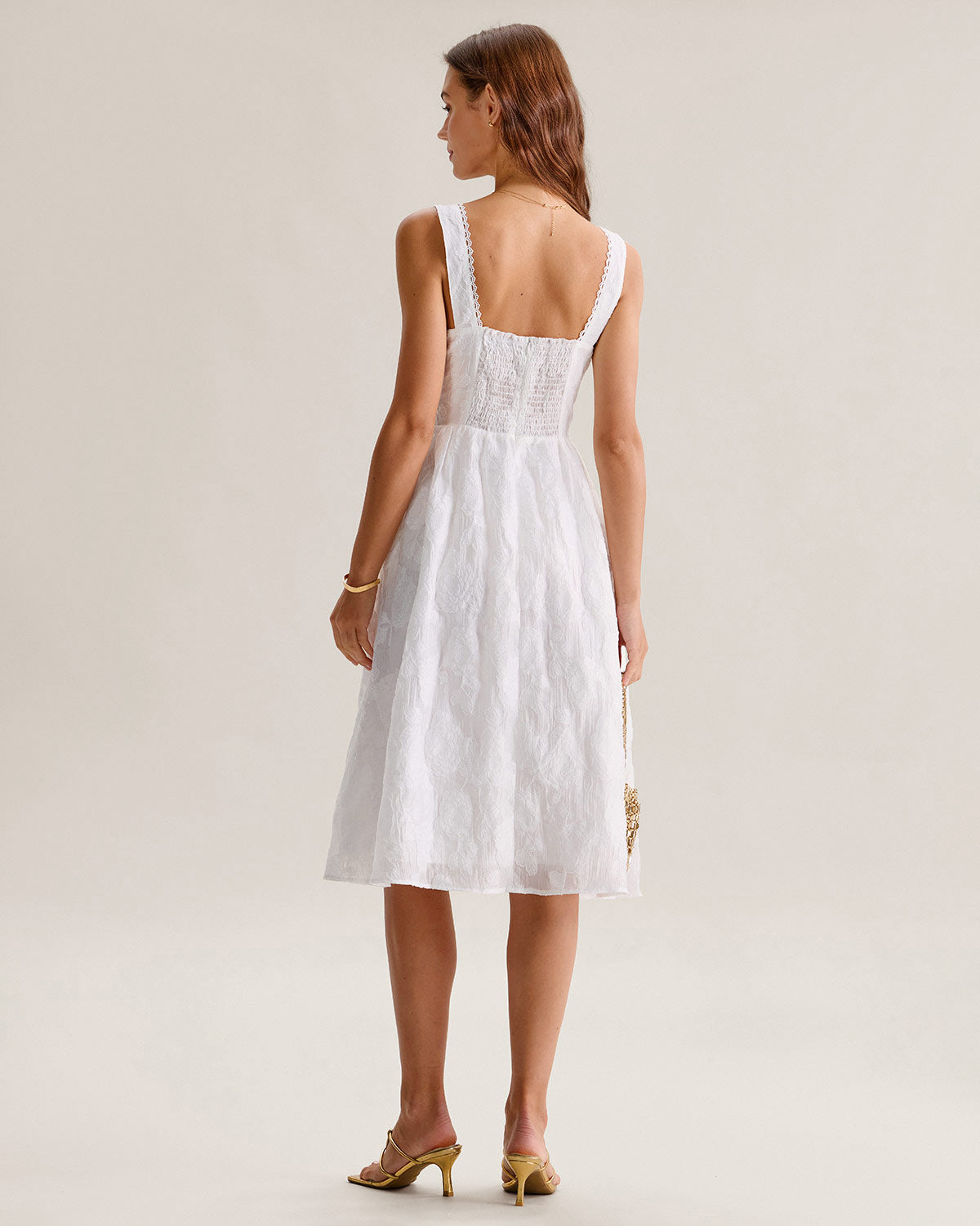 White Jacquard Shirred Midi Slip Dress