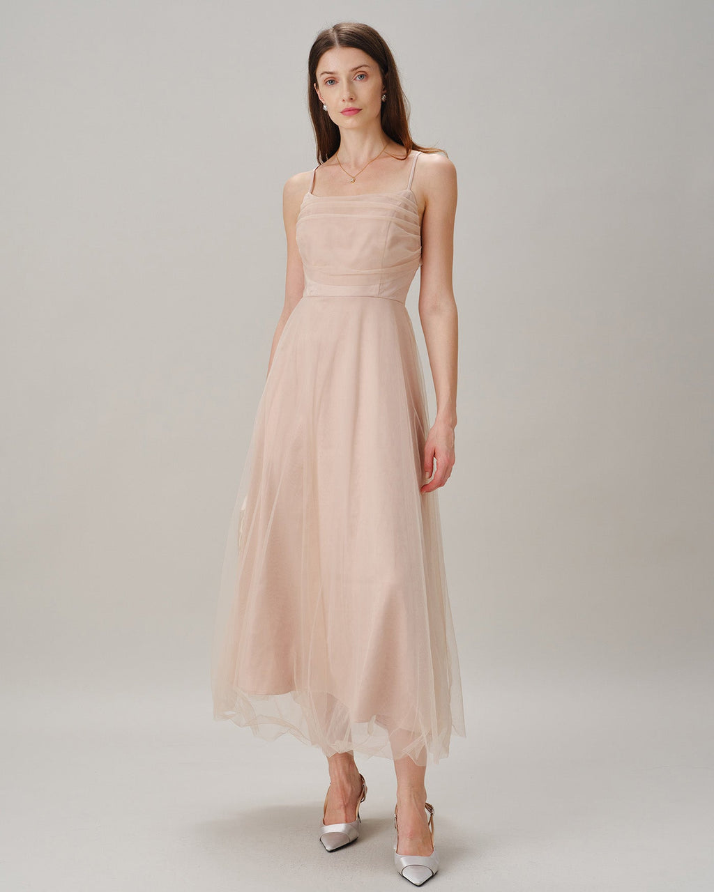 Flowy Midi Dress with Pleated Apricot Slip