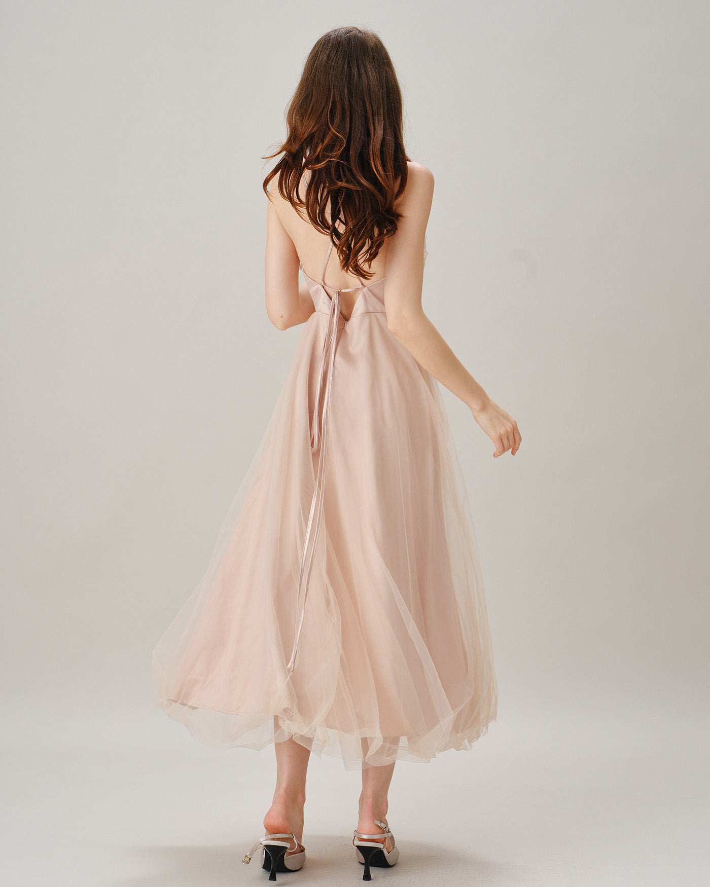 Flowy Midi Dress with Pleated Apricot Slip