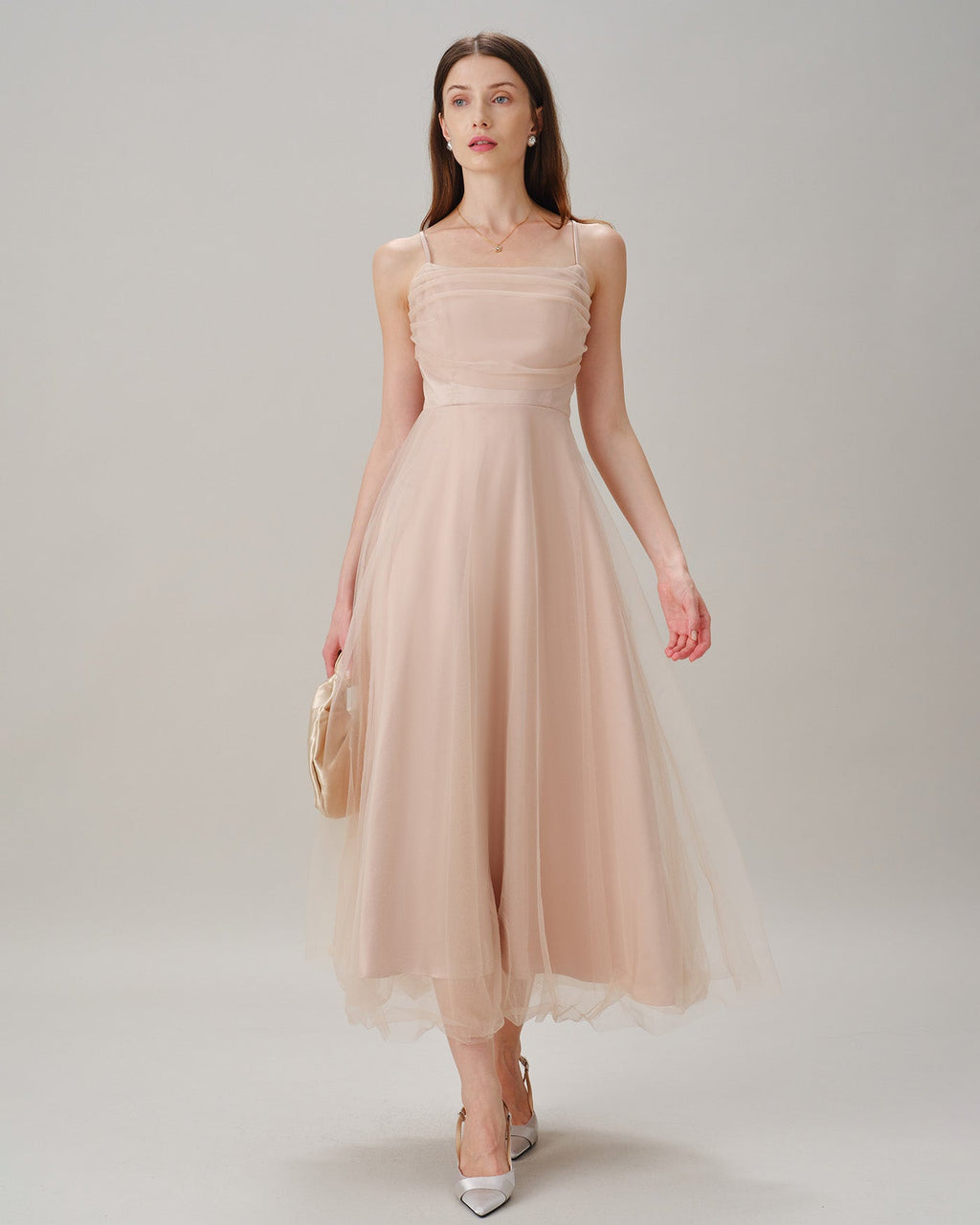 Flowy Midi Dress with Pleated Apricot Slip