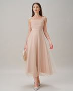 Flowy Midi Dress with Pleated Apricot Slip