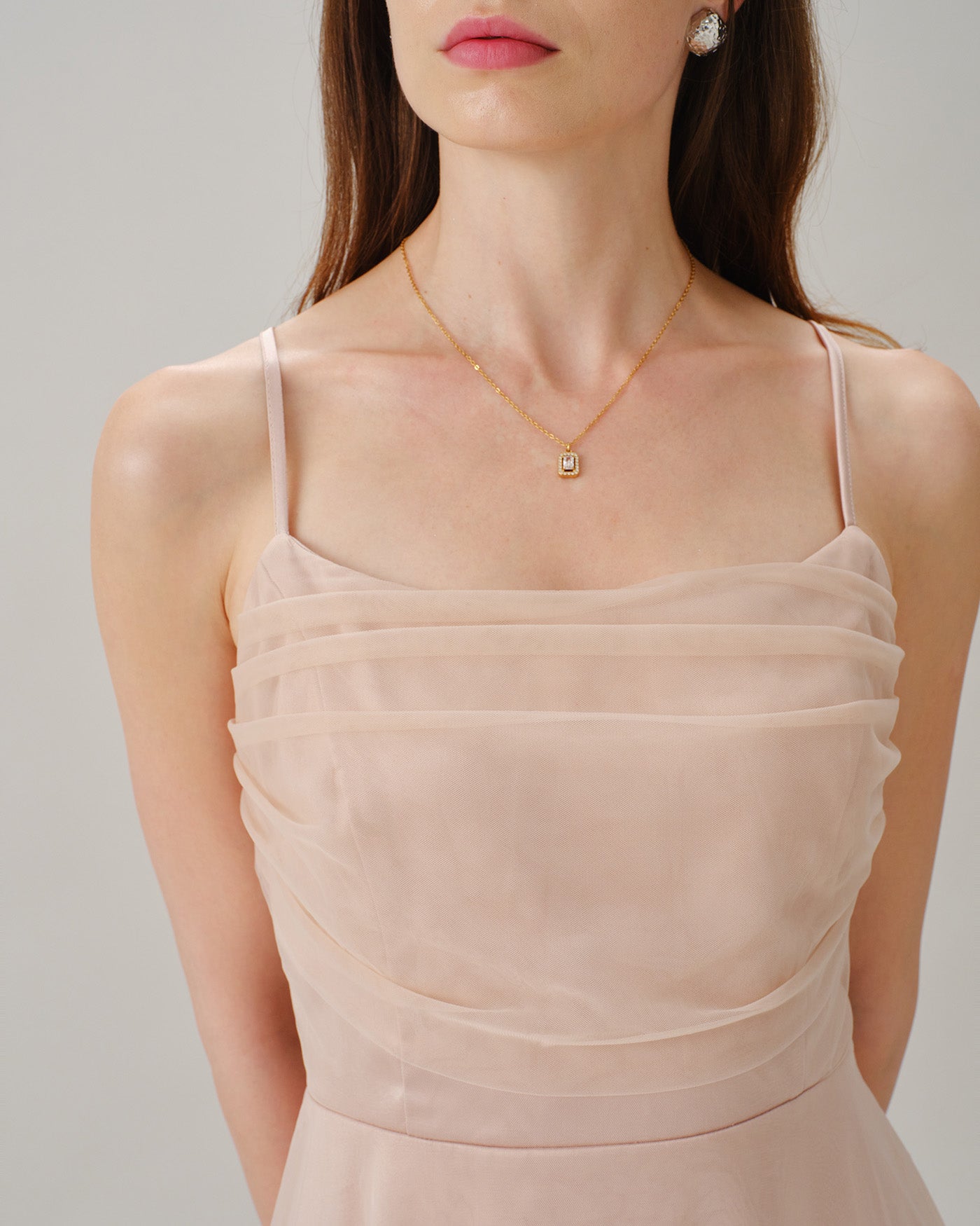 Flowy Midi Dress with Pleated Apricot Slip