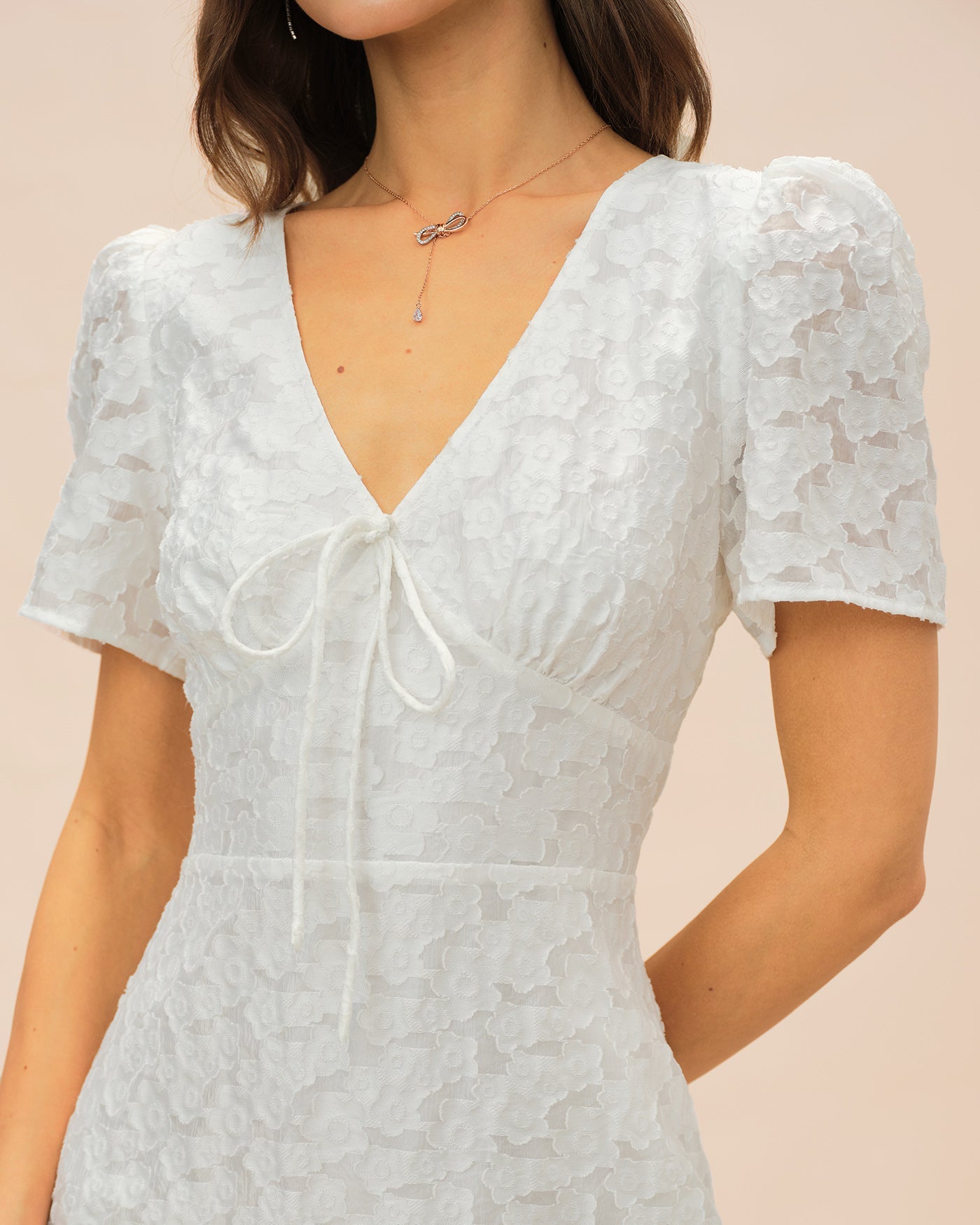 White V-Neck Jacquard Mini Dress