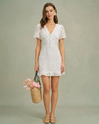 White V-Neck Jacquard Mini Dress