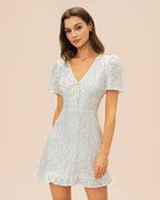 White V-Neck Jacquard Mini Dress