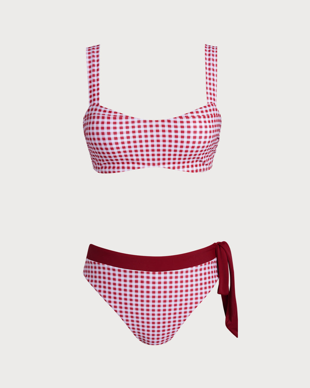 Plaid Bandeau Bikini Set in Wine Red