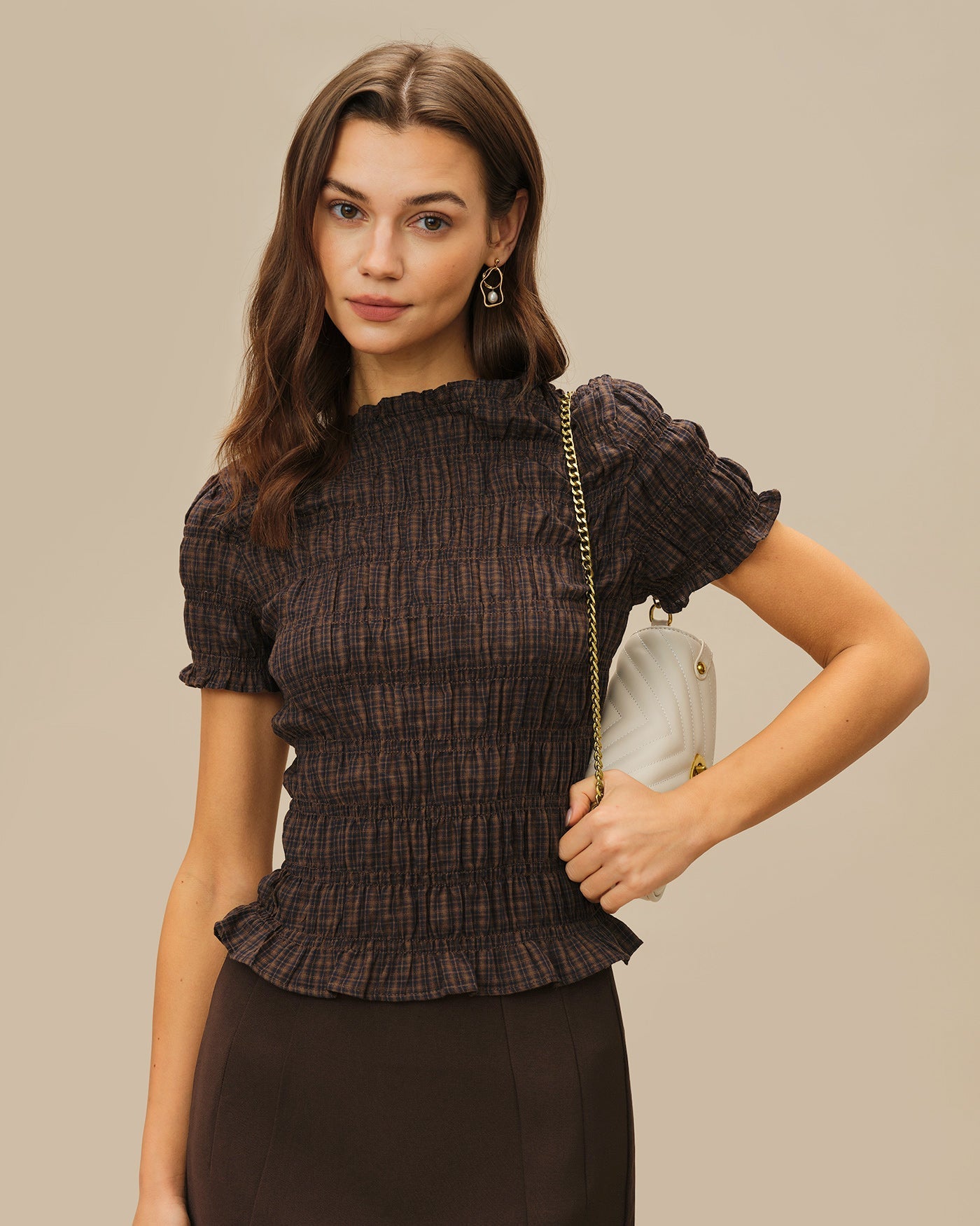 Shirred Tee in Coffee Plaid