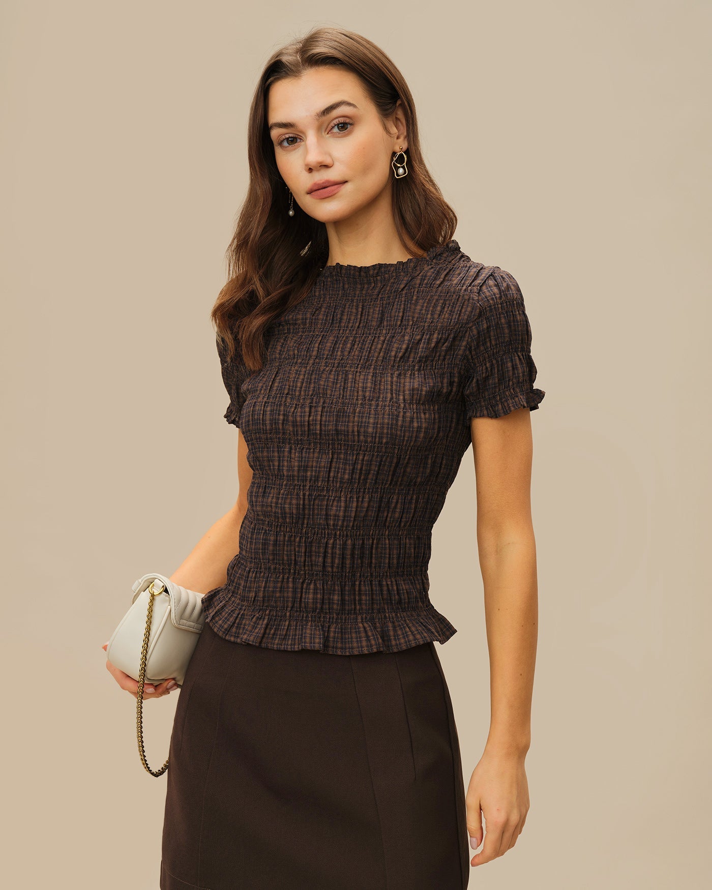 Shirred Tee in Coffee Plaid