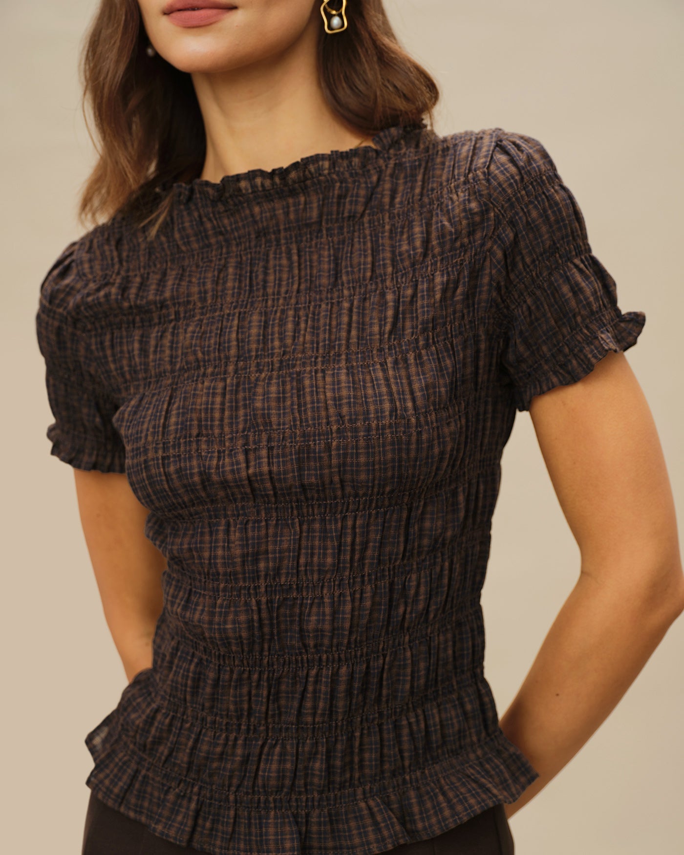 Shirred Tee in Coffee Plaid